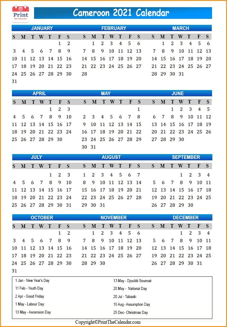 Cameroon Calendar 2021